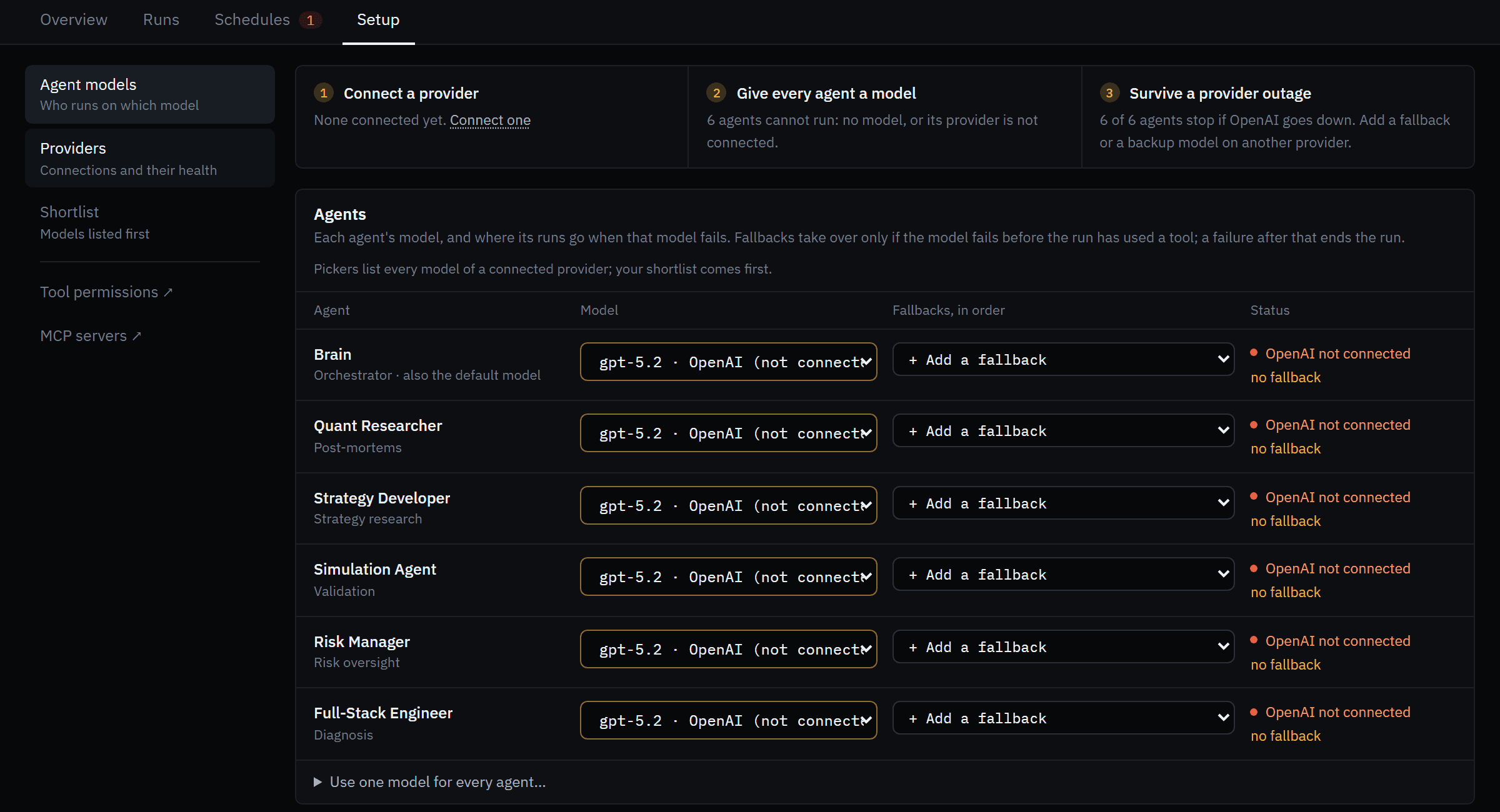 Agent models: the checklist (Connect a provider, Give every agent a model, Survive a provider outage) and a table assigning a model and fallbacks to Brain, Quant Researcher, Strategy Developer, Simulation Agent, Risk Manager and Full-Stack Engineer, each marked OpenAI not connected.