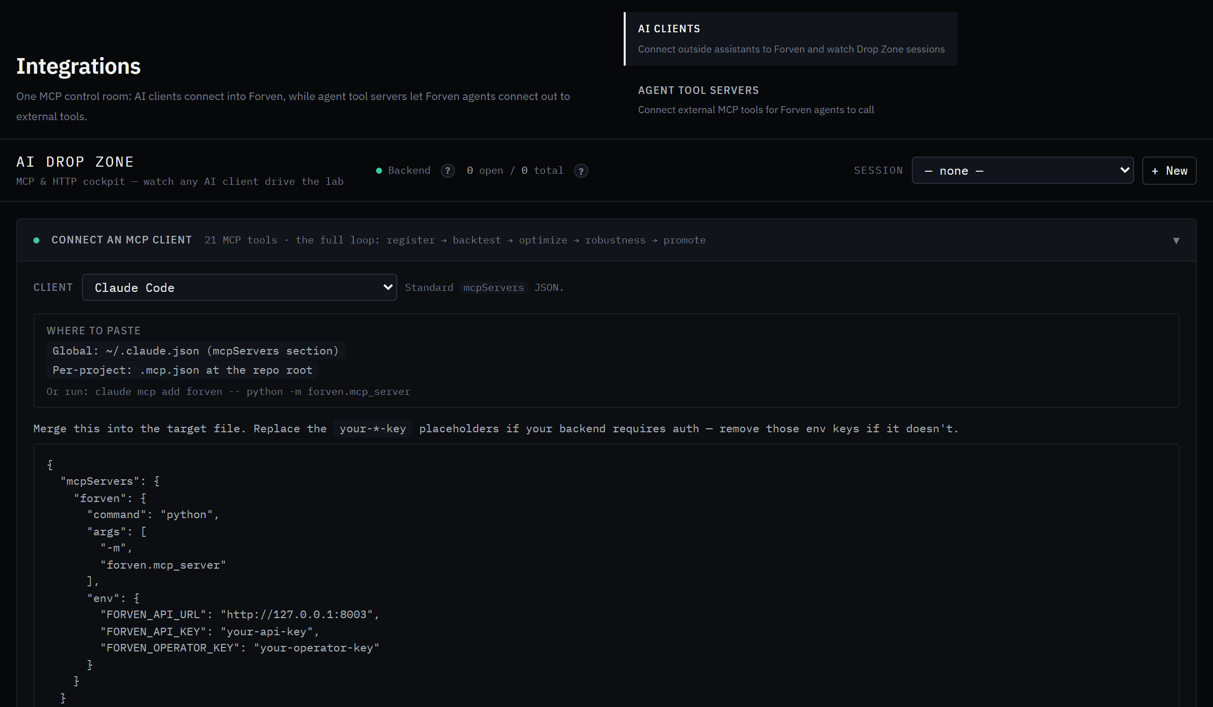 The Connect an MCP client card with Claude Code selected: where to paste the config (~/.claude.json or a per-project .mcp.json), the one-line claude mcp add command, and the mcpServers JSON with FORVEN_API_URL set to http://127.0.0.1:8003.