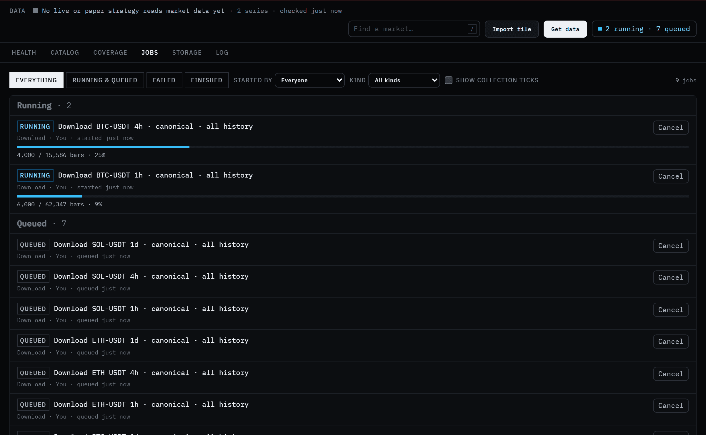 The Jobs tab: two running downloads (BTC-USDT 4h at 25% and BTC-USDT 1h at 9%) with progress bars, and seven queued downloads for ETH and SOL below.