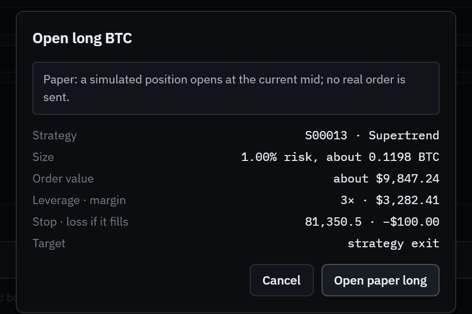 The Open long BTC confirmation: a simulated position opens at the current mid and no real order is sent; strategy S00013, size 1.00% risk, order value about $9,847, stop 81,350.5 and a strategy exit as the target.