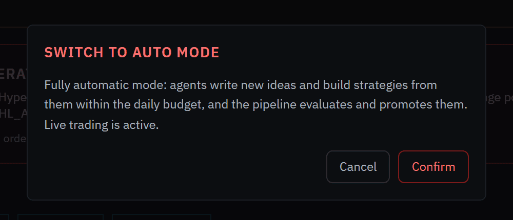 The Switch to Auto mode confirmation: agents write new ideas and build strategies within the daily budget, and the pipeline evaluates and promotes them. Cancel and Confirm buttons.