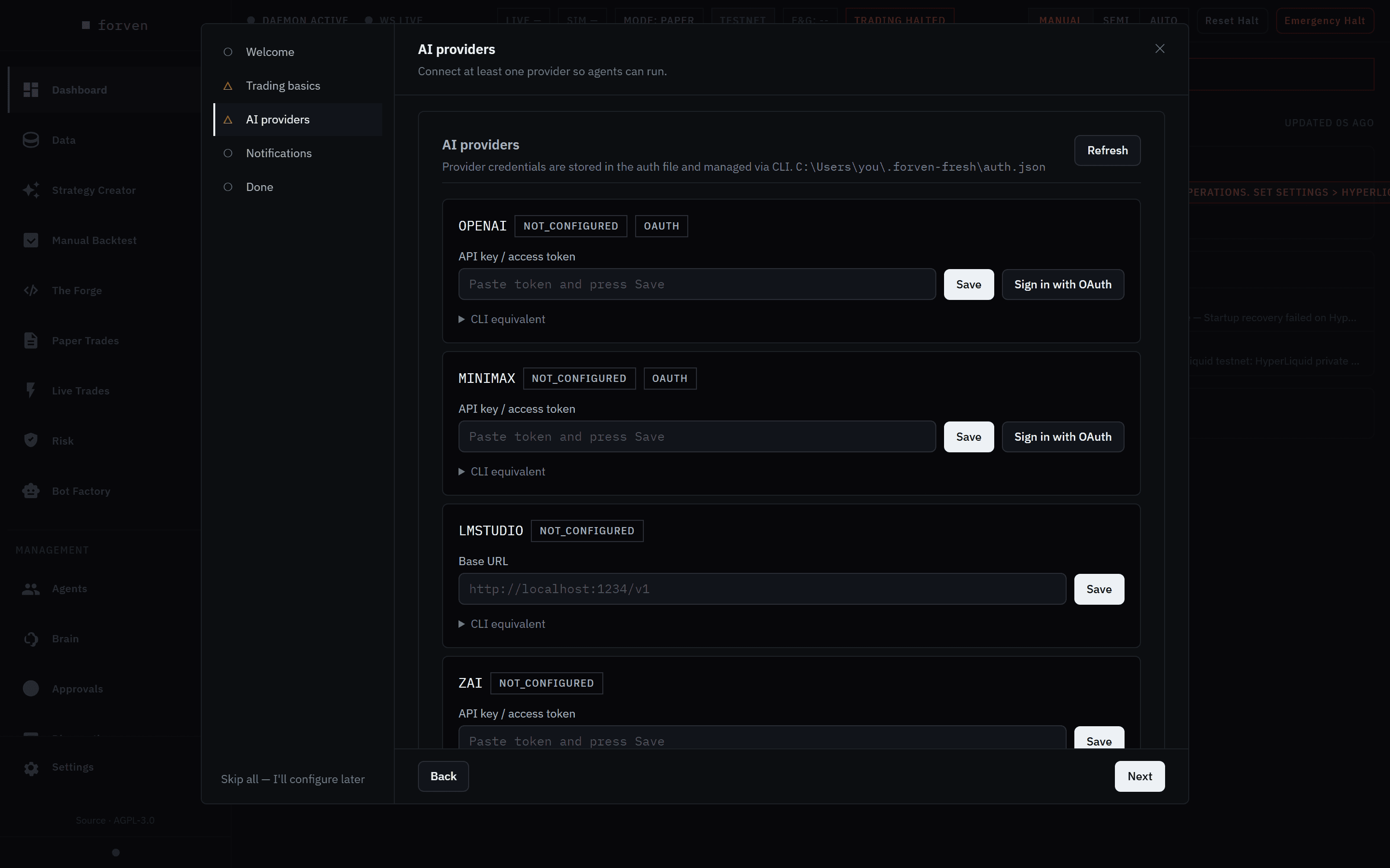 The AI providers step: provider rows for OpenAI, MiniMax and LM Studio, each marked NOT_CONFIGURED, with an API key field, a Save button and, for OpenAI and MiniMax, Sign in with OAuth.