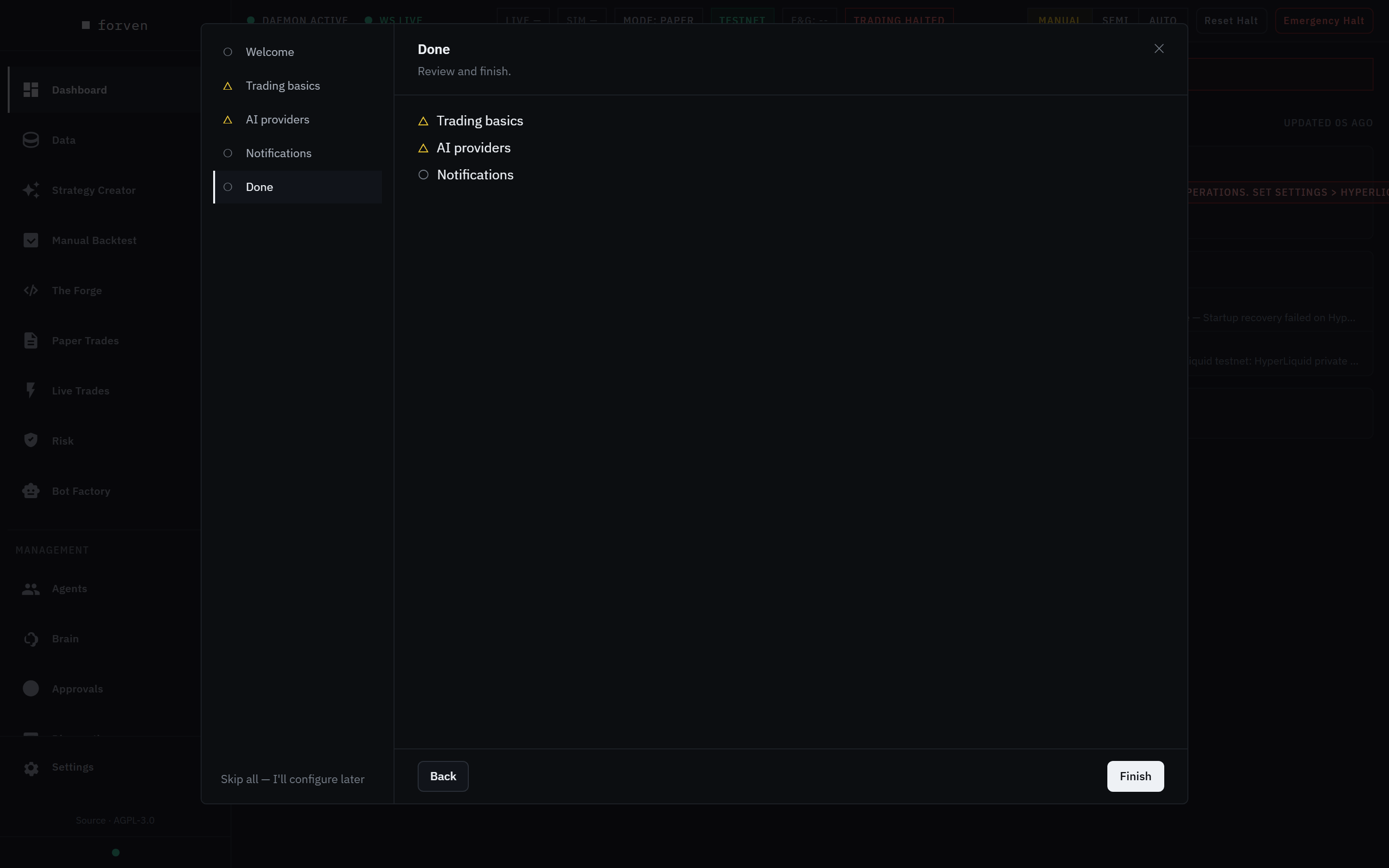 The Done step: a checklist with Trading basics and AI providers still marked as not done.