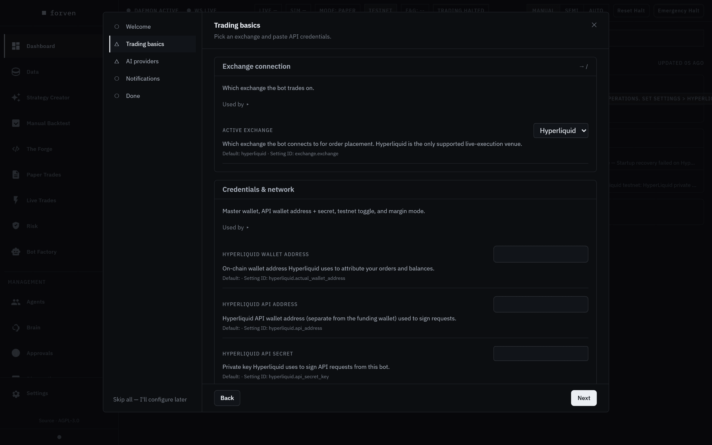 The Trading basics step: the active exchange set to Hyperliquid, and empty fields for the Hyperliquid wallet address, API address and API secret.