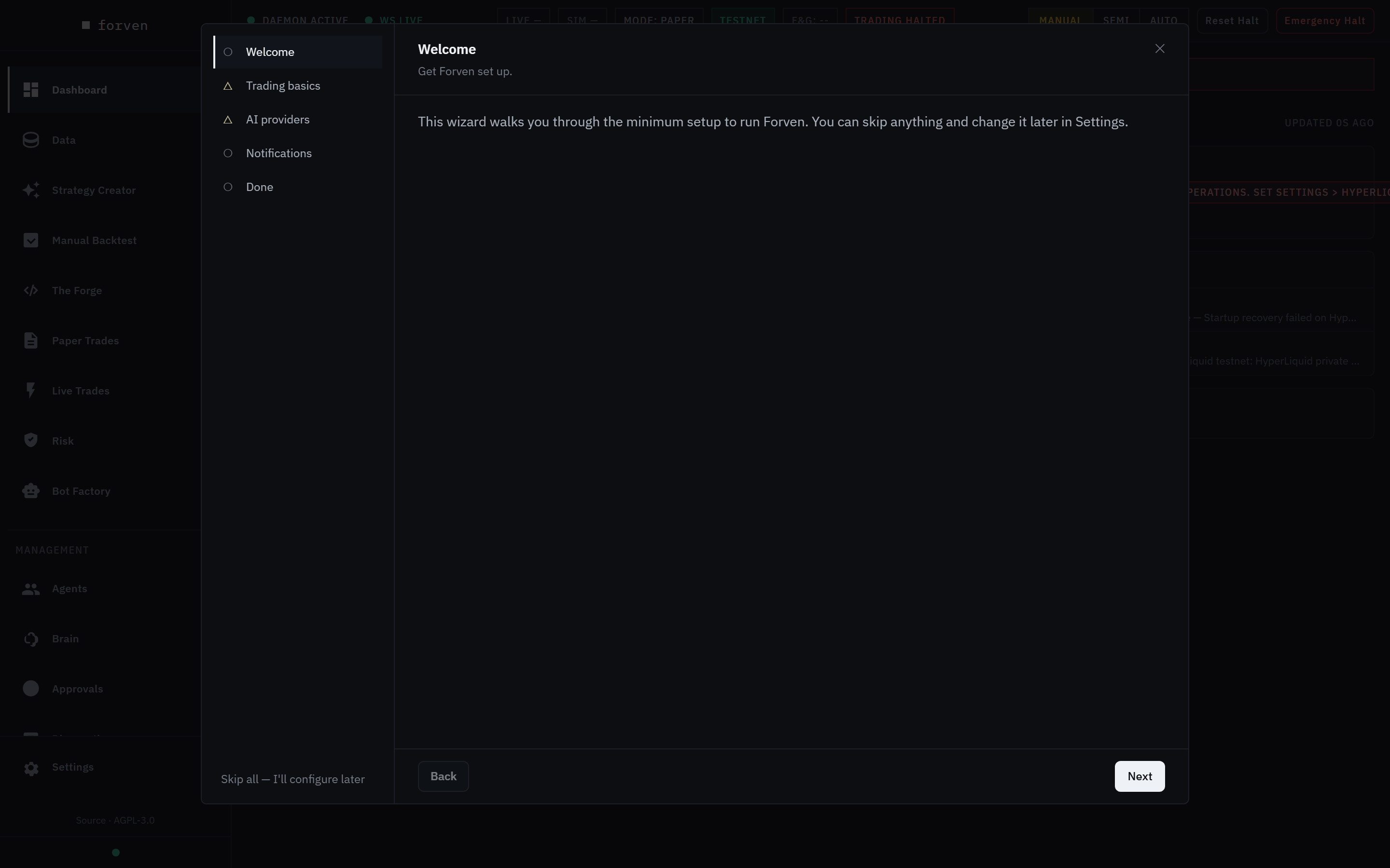 The setup wizard's Welcome step, with the five steps listed on the left: Welcome, Trading basics, AI providers, Notifications and Done.